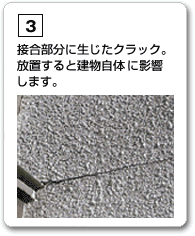 接合部分に生じたクラック。放置すると建物自体に影響します。