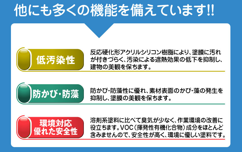 他にも「低汚染性」「防かび・防藻」「環境対応・優れた安全性」などの多くの機能を備えています。