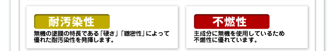 耐汚染性。無機の塗膜の特長である「硬さ」「緻密性」によって優れた耐汚染性を発揮します。