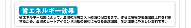 省エネルギー効果。省エネルギー効果によって、夏場の冷房コスト軽減に役立ちます。さらに屋根の表面温度上昇を抑制します。