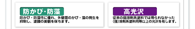 防かび・防藻。高光沢。従来の弱溶剤系塗料では得られなかった強溶剤系塗料同等以上の光沢を有します。