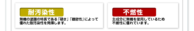 耐汚染性。不燃性。主成分に無機を使用しているため不燃性に優れています。