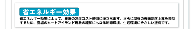 省エネルギー効果。夏場のヒートアイランド現象の緩和にもなる地球環境、生活環境にもやさしい塗料です。