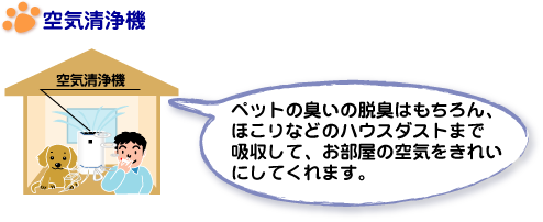 空気洗浄機。ペットの臭いの脱臭はもちろん、ほこりなどのハウスダストまで吸収して、お部屋の空気をきれいにしてくれます。