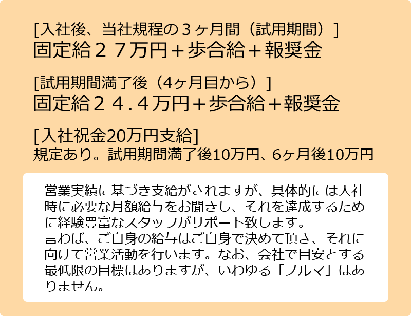 入社後、当社規定の3ヶ月（試用期間）固定給25～27万円+歩合給+報奨金
