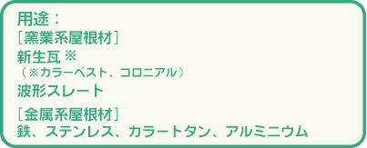 用途。窯業系屋根材。新生瓦（ｶﾗｰﾍﾞｽﾄ、コロニアル）。波型スレート。金属系屋根材。鉄、ステンレス、ｶﾗｰﾄﾀﾝ、アルミニウム