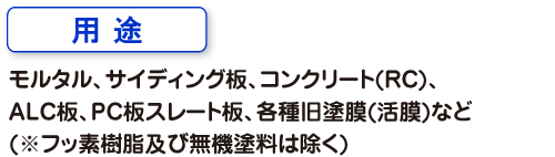 用途　モルタル、サイディング板、コンクリート(RC)、ALC板、PC板スレート板、各種旧塗膜(活膜)など