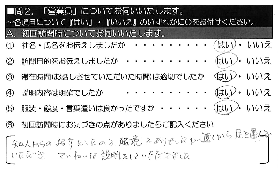 知人からの紹介だったので、越境でありましたが遠くから足を運んでいただき、ていねいな説明をしていただきました。