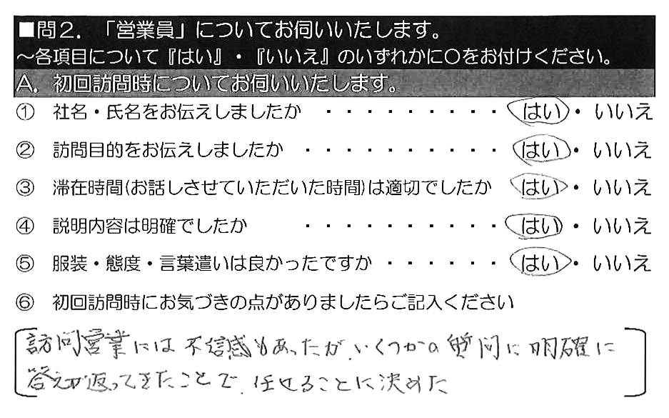 訪問営業には不信感もあったが、いくつかの質問に明確に答えが返ってきたことで、任せることに決めた。