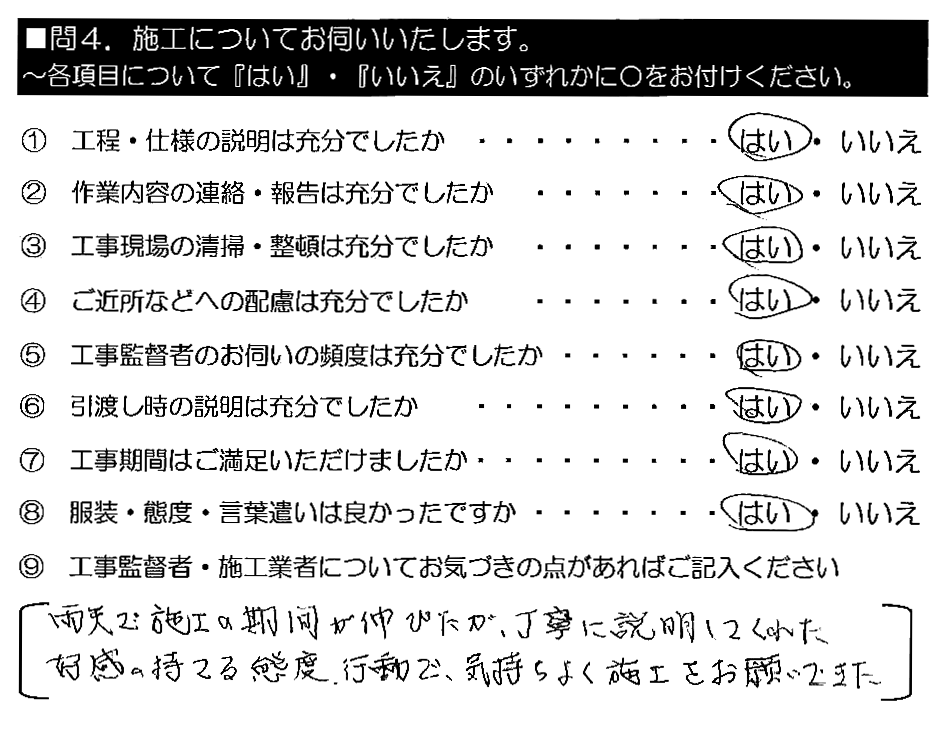 雨天で施工の期間が延びたが、丁寧に説明してくれた。好感の持てる態度・行動で、気持ちよく施工をお願いできた。