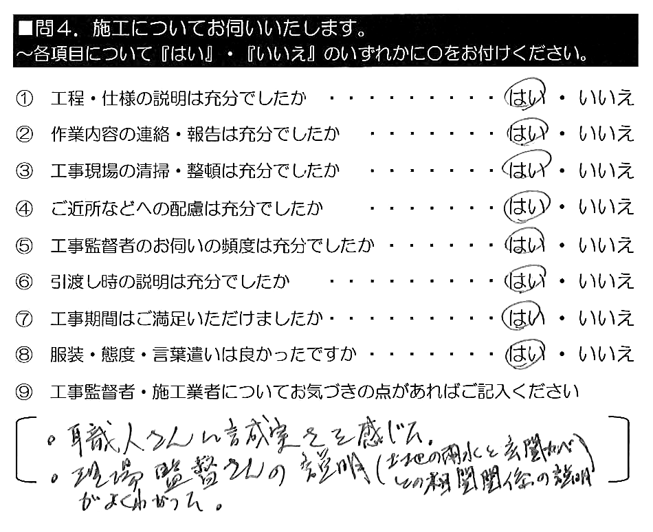 ・職人さんに誠実さを感じた　・現場監督さんの説明（土地の雨水と玄関カベとの相関関係の説明）がよくわかった。