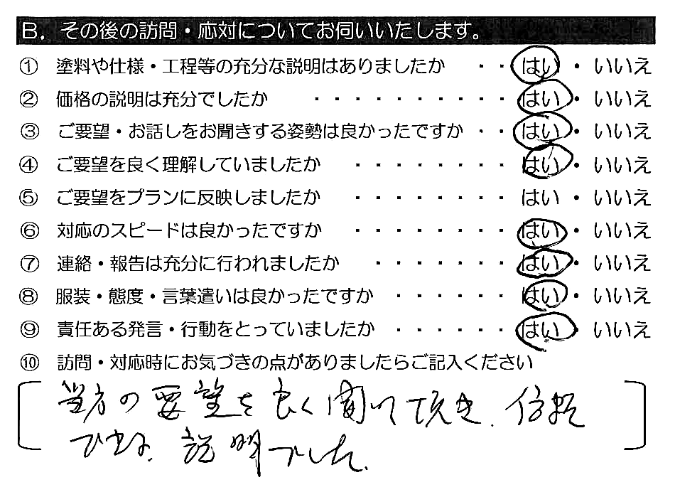 当方の要望を良く聞いて頂き、信頼できる説明でした。