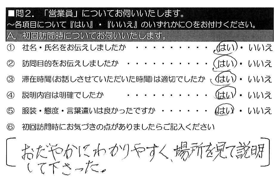 おだやかにわかりやすく、場所を見て説明して下さった。