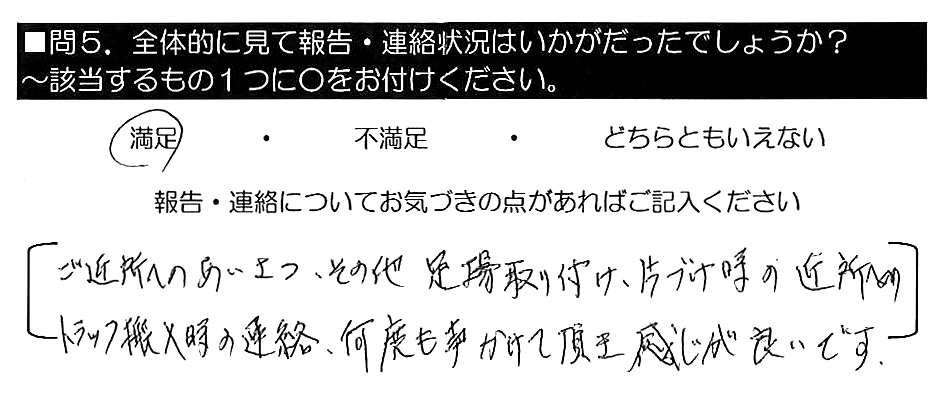 ご近所へのあいさつ、その他足場取り付け・片付け時の近所へのトラック搬入時の連絡、何度も声かけて頂き感じが良いです。