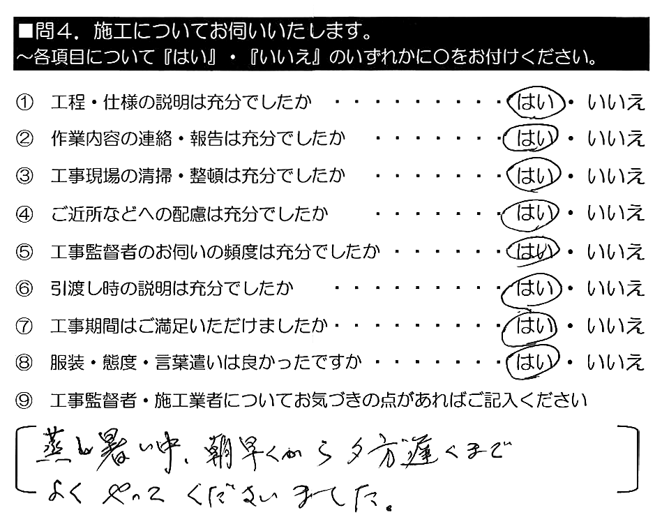 蒸し暑い中、朝早くから夕方遅くまでよくやってくださいました。