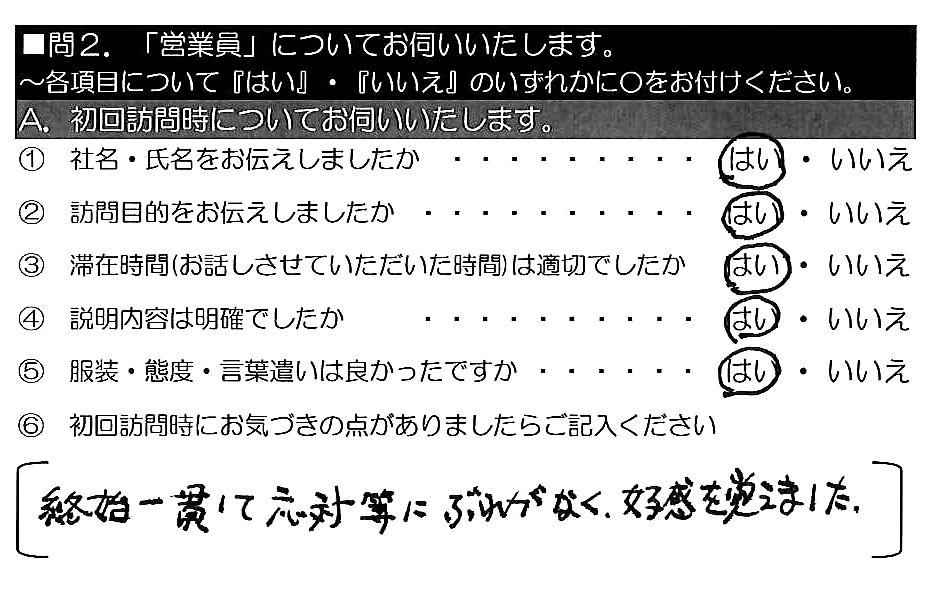 終始一貫して対応等にブレがなく、好感を覚えました。