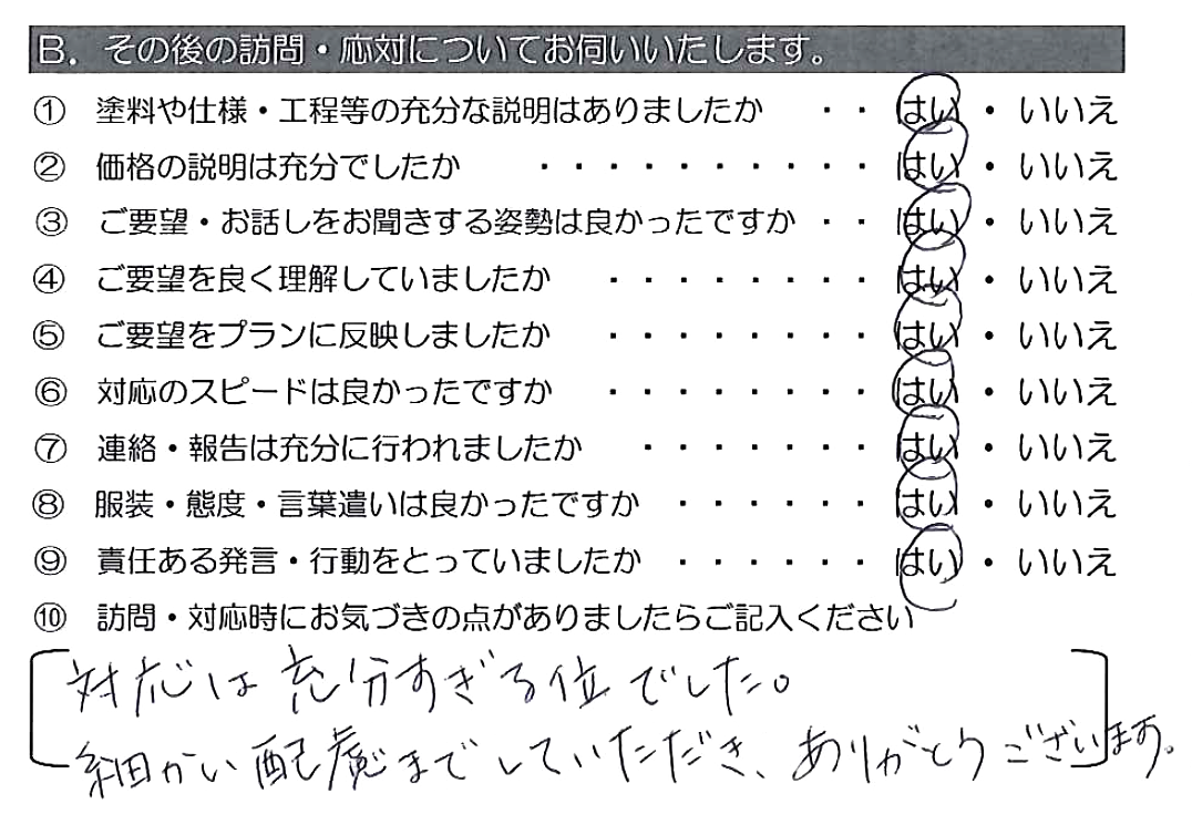 対応は充分すぎる位でした。細かい配慮までしていただき、ありがとうございます。