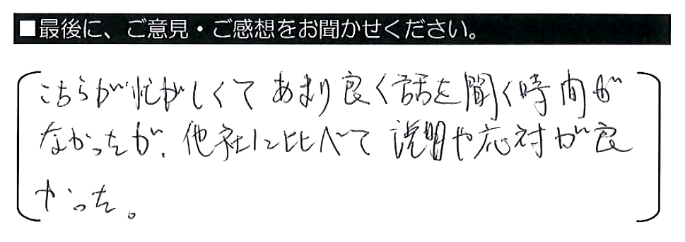 こちらが忙しくてあまり良く話を聞く時間がなかったが、他社に比べて説明や応対が良かった。