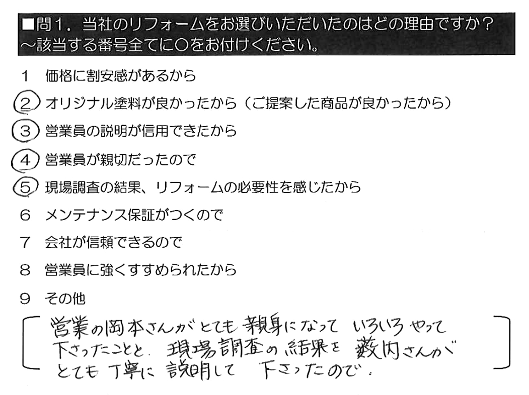 営業の岡本さんがとても親身になっていろいろやって下さったことと、現場調査の結果を薮内さんがとても丁寧に説明して下さったので。