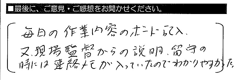 毎日の作業内容のボード記入、又、現場監督からの説明、留守の時には連絡メモが入っていたのでわかりやすかった。