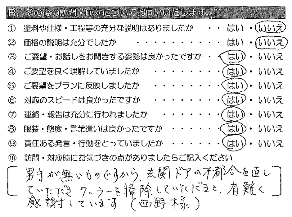 男手が無いものですから、玄関ドアの不都合を直していただき、クーラーを掃除していただきと、有難く感謝しています。（西野様）