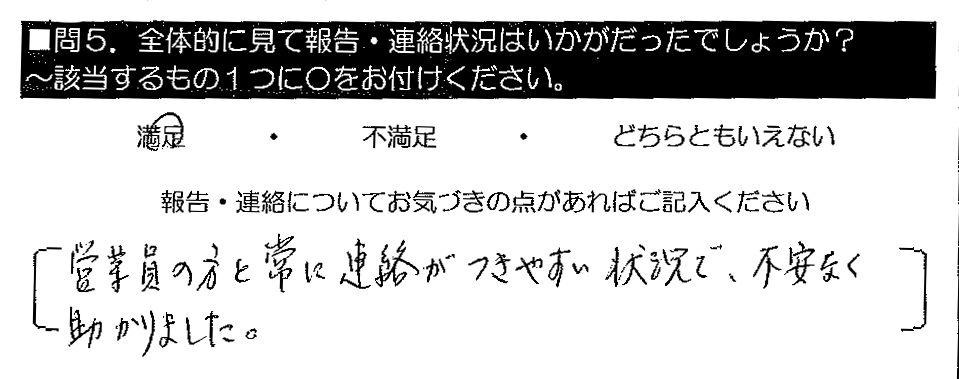 営業員の方と常に連絡がつきやすい状況で、不安なく助かりました。