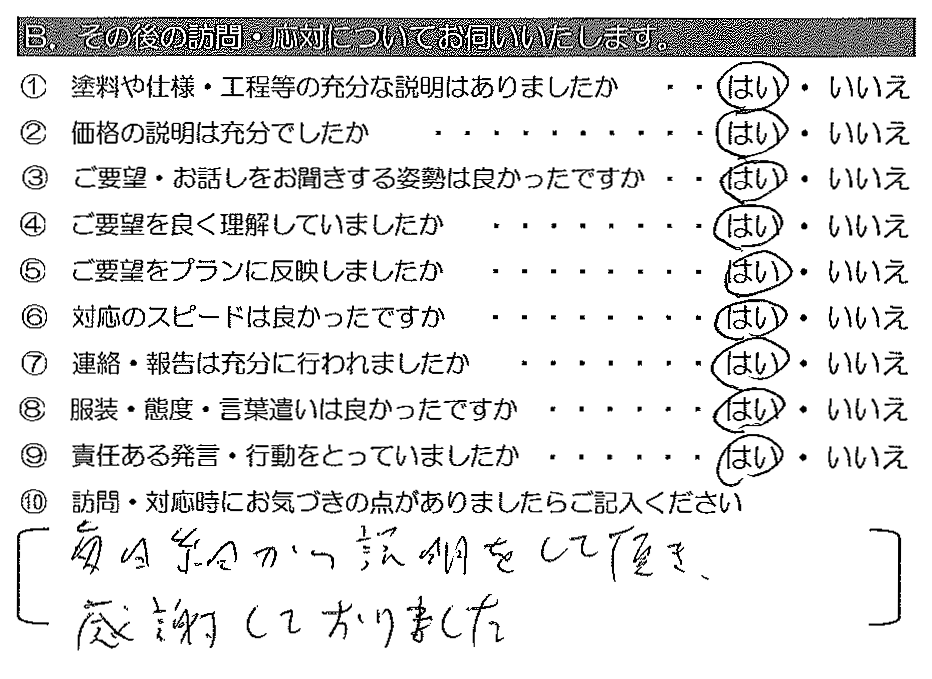 毎日細かく説明をして頂き、感謝しておりました。