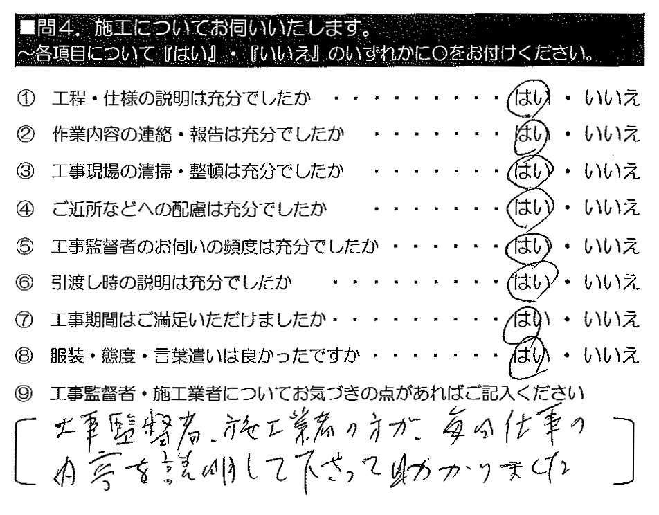 工事監督者・施工業者の方が、毎日仕事の内容を説明して下さって助かりました。