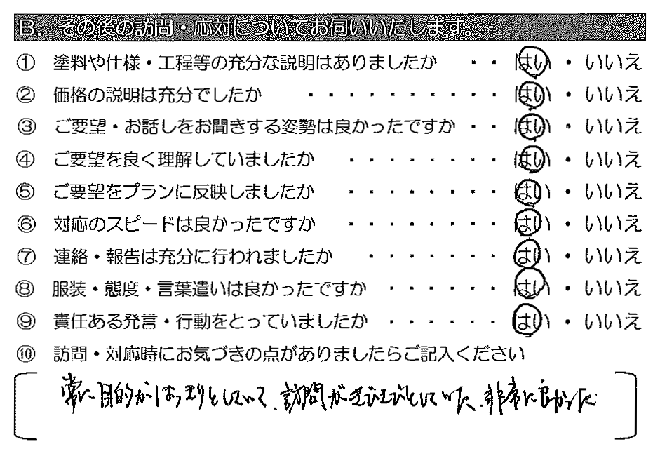 常に目的がはっきりとしていて、訪問がきびきびとしていた。非常に良かった。