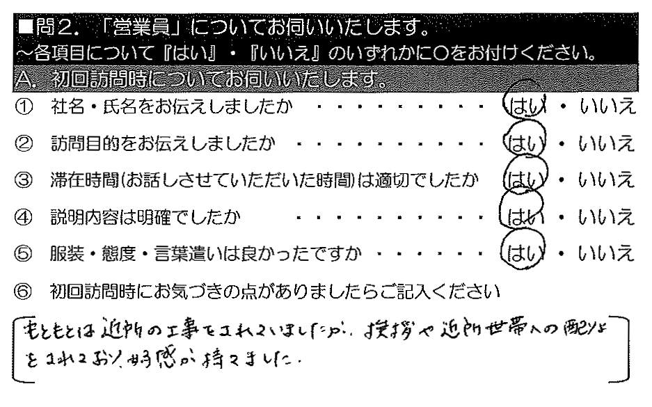 もともとは近所の工事をされていましたが、挨拶や近所世帯への配りょをされており、好感が持てました。