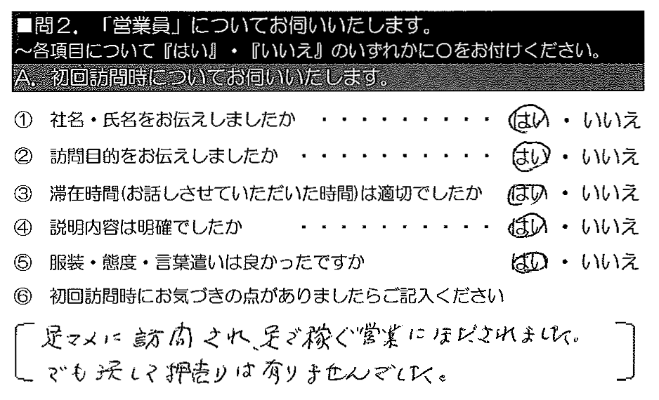 足マメに訪問され、足で稼ぐ営業にほだされました。でも決して押し売りは有りませんでした。