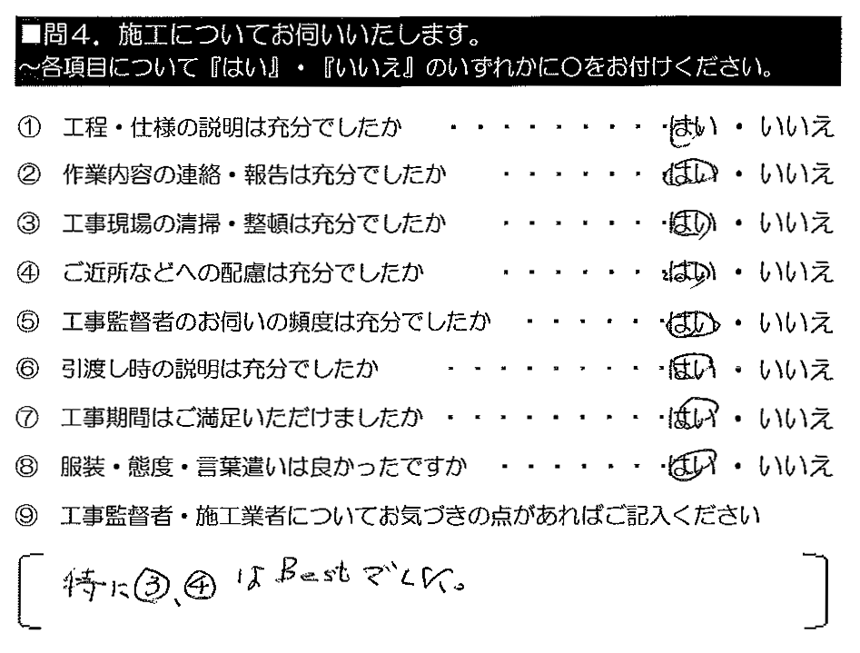 特に③（清掃・整頓）、④（ご近所への配慮）はBestでした。