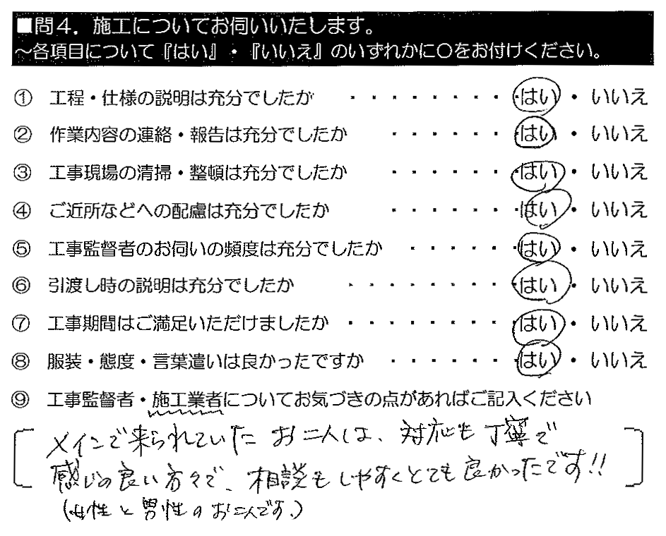 メインで来られていたお二人は、対応も丁寧で感じの良い方々で、相談もしやすくとても良かったです！！（女性と男性のお二人です）