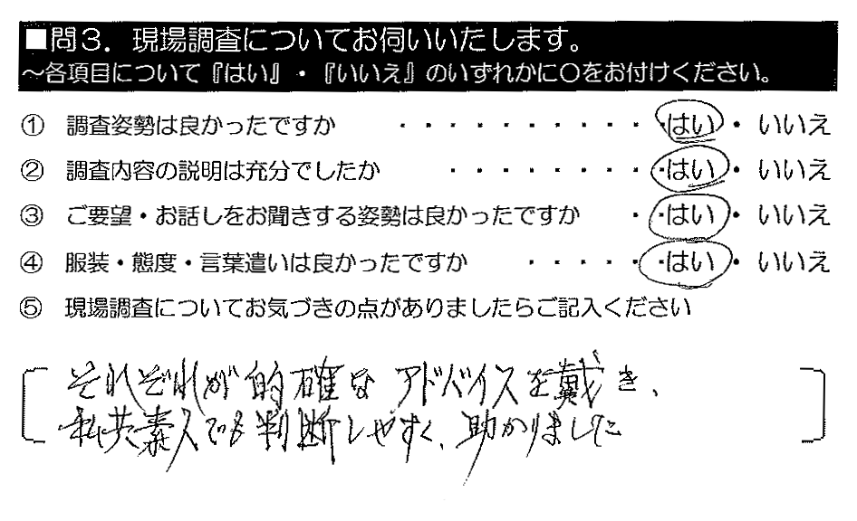 それぞれが的確なアドバイスを戴き、私共素人でも判断しやすく助かりました。