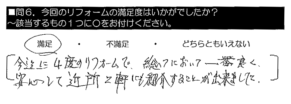 今迄に4度のリフォームで、総てにおいて一番良く、安心して近所2軒にも紹介することが出来ました。