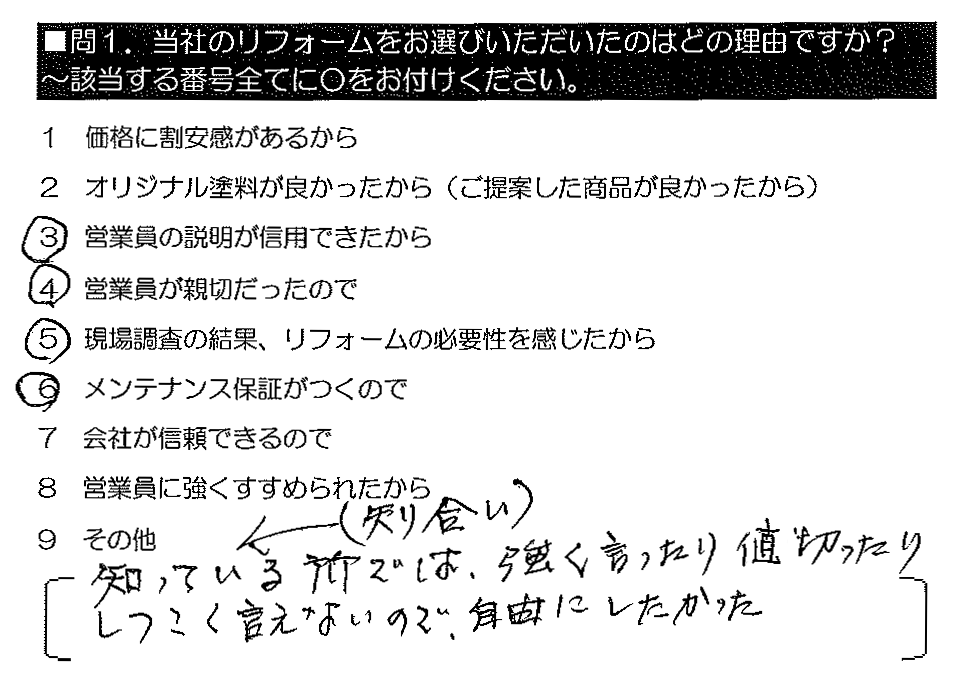 知っている（知り合い）所では、強く言ったり値切ったりしつこく言えないので、自由にしたかった。