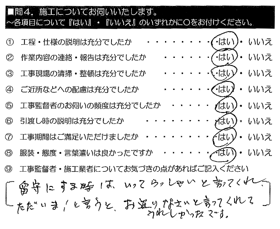 留守にする時はいってらっしゃいと言ってくれ、ただいま！と言うと、お帰りなさいと言ってくれてうれしかったです。