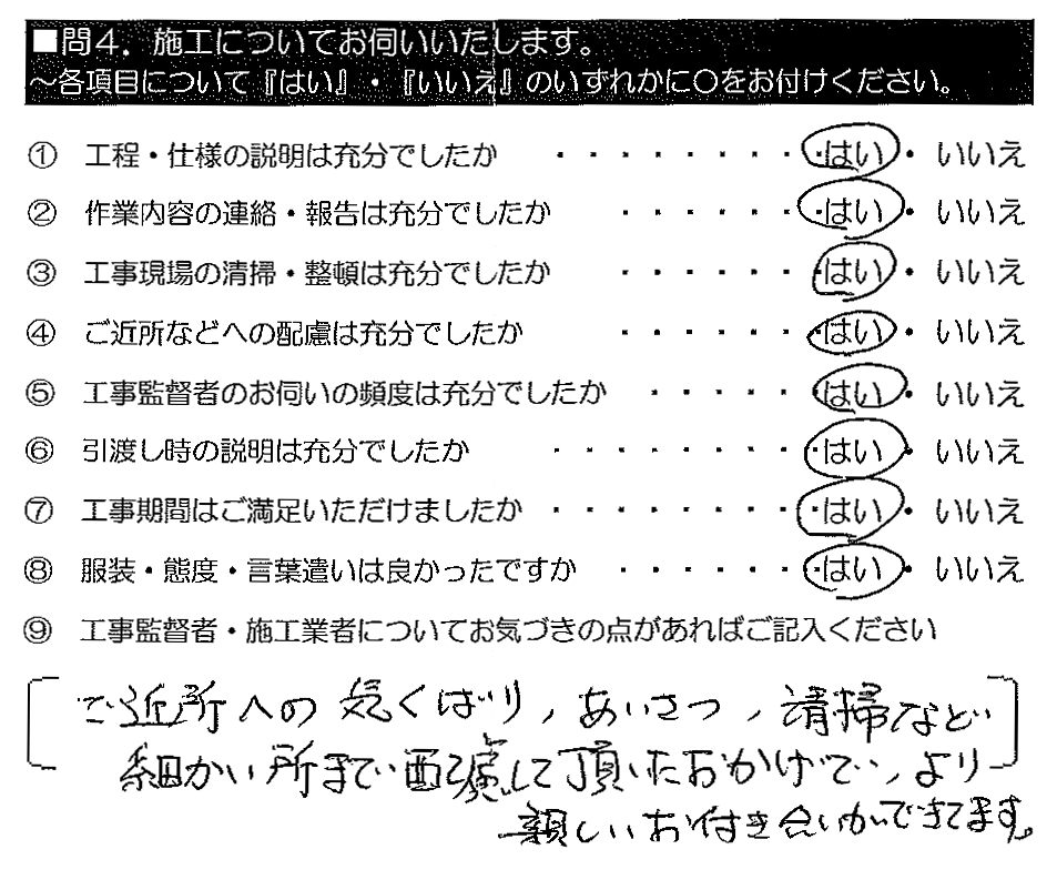 ご近所への気くばり・あいさつ・清掃など、細かい所まで配慮して頂いたおかげで、より親しいお付き合いが出来てます。