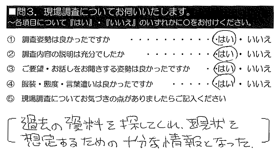 過去の資料を探してくれ、現状を想定するための十分な情報となった。