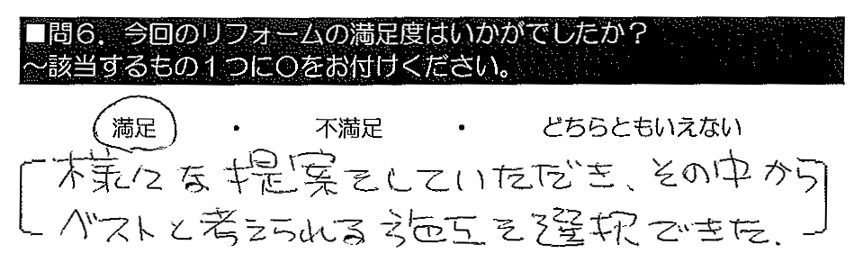 様々な提案をしていただき、その中からベストと考えられる施工を選択できた。