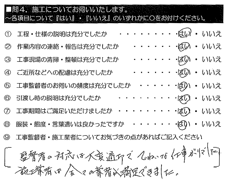 監督者の対応は大変適切でていねいな仕事ぶりでした。施工業者は全ての業者が満足できました。