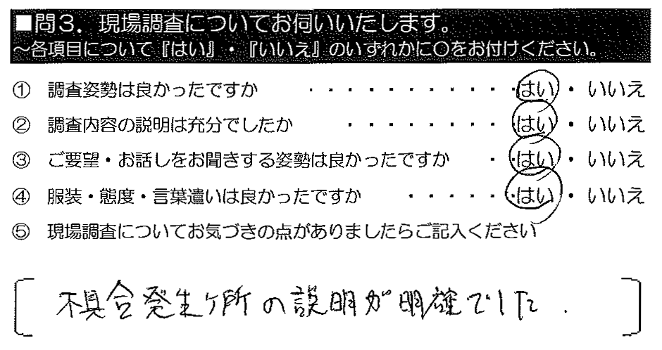 不具合発生ヶ所の説明が明確でした。