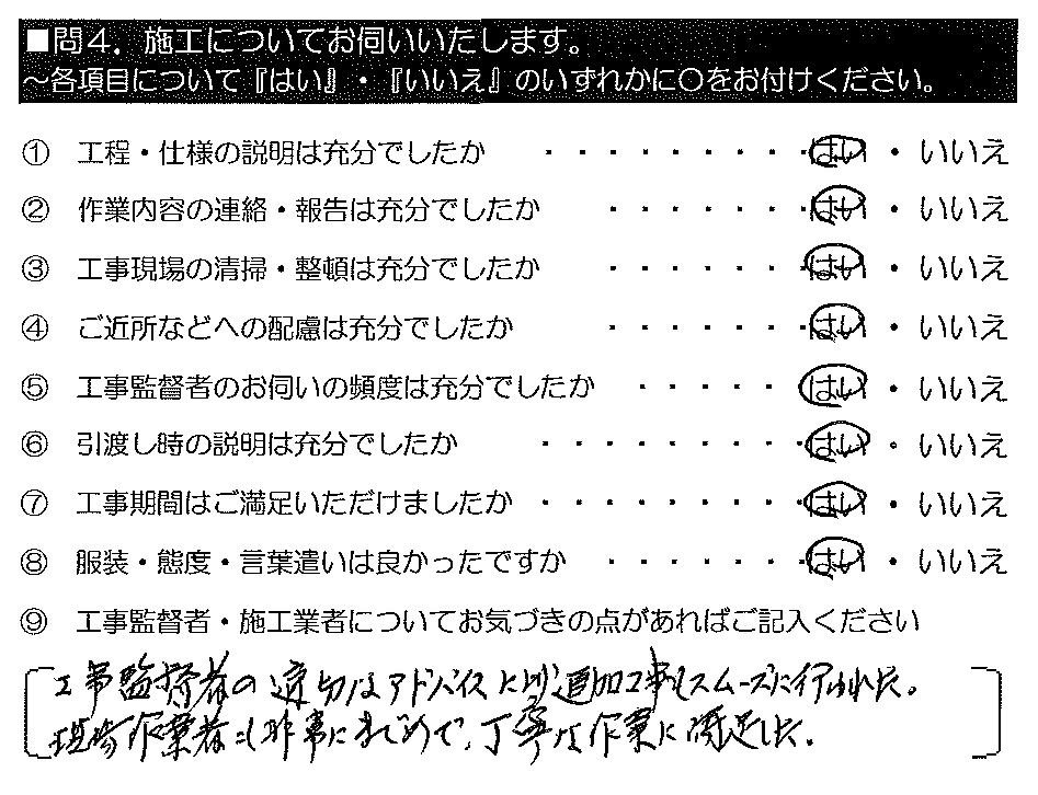 工事監督者の適切なアドバイスにより、追加工事もスムーズに行われた。現場作業者も非常にまじめで、丁寧な作業に満足した。