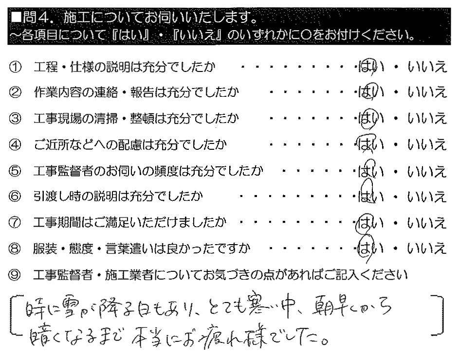 時に雪が降る日もあり、とても寒い中、朝早くから暗くなるまで本当にお疲れ様でした。