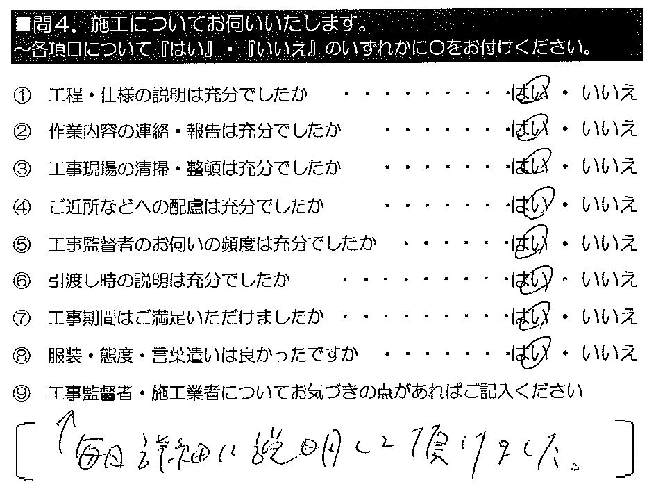 毎日詳細に説明して頂けました。