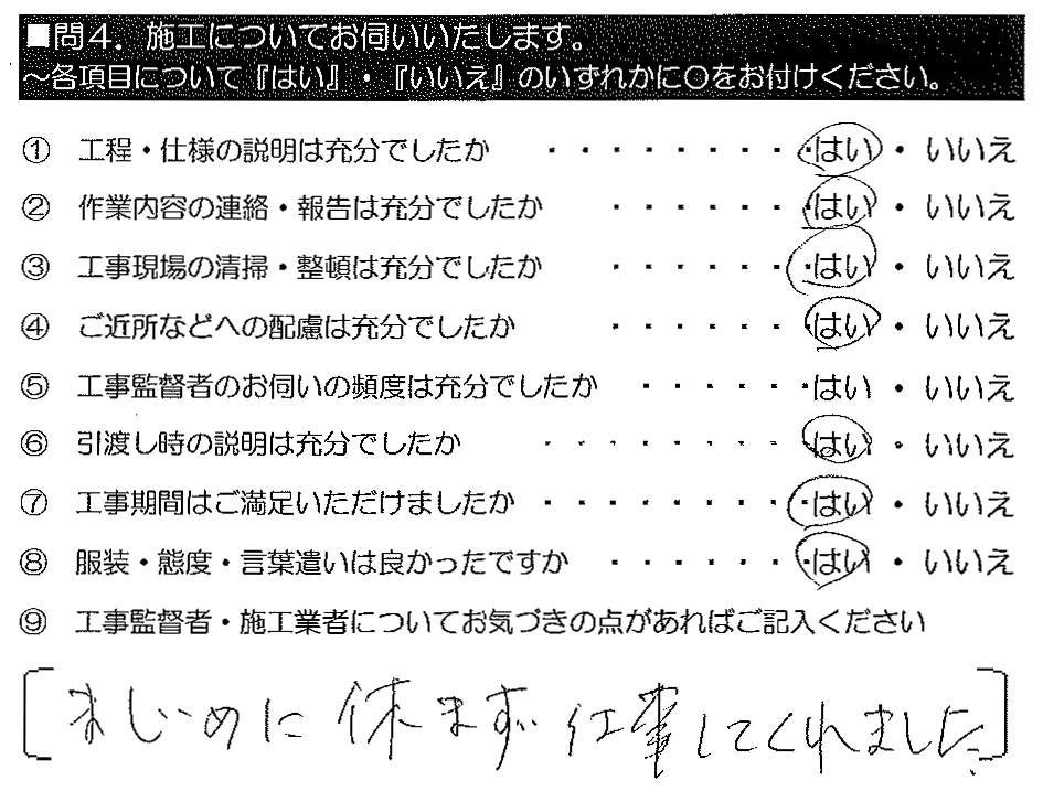 まじめに休まず仕事してくれました。