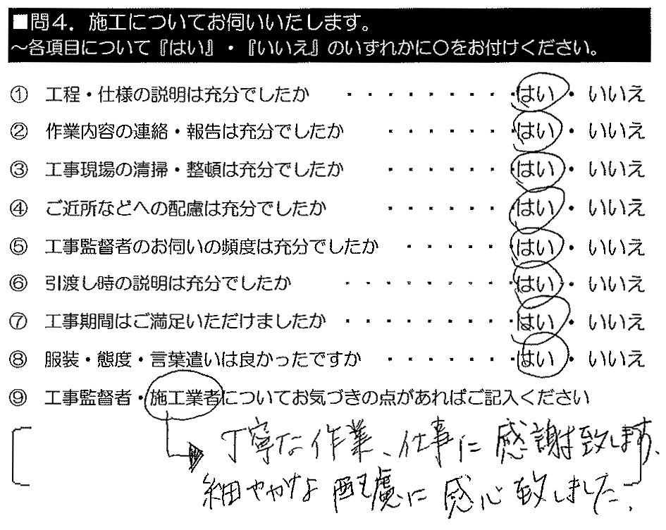 丁寧な作業・仕事に感謝致します。細やかな配慮に感心致しました。