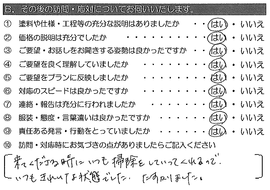 来てくださる時にいつも掃除をしていってくれるので、いつもきれいな状態でした。