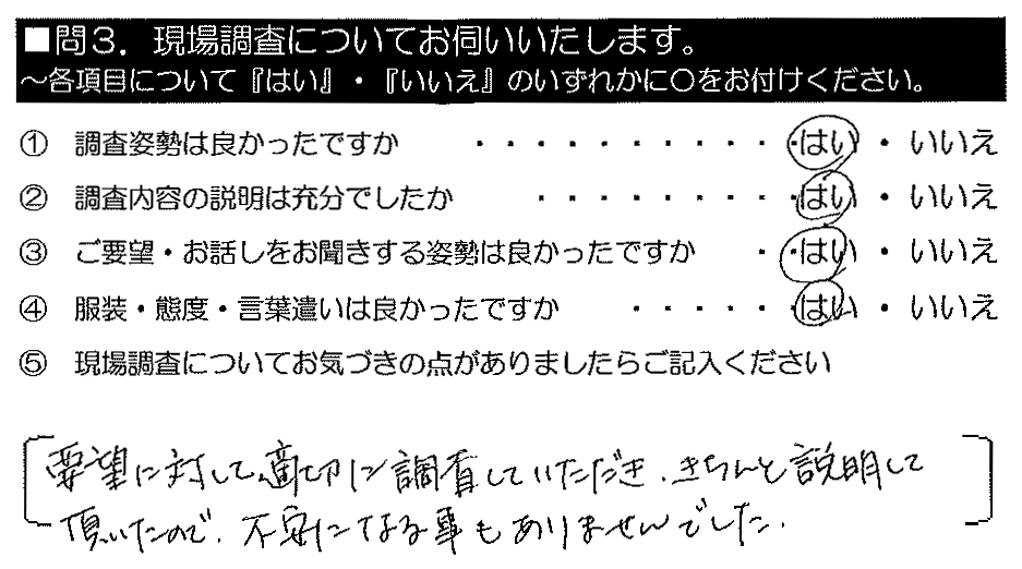 要望に対して適切に調査していただき、きちんと説明して頂いたので、不安になる事もありませんでした。