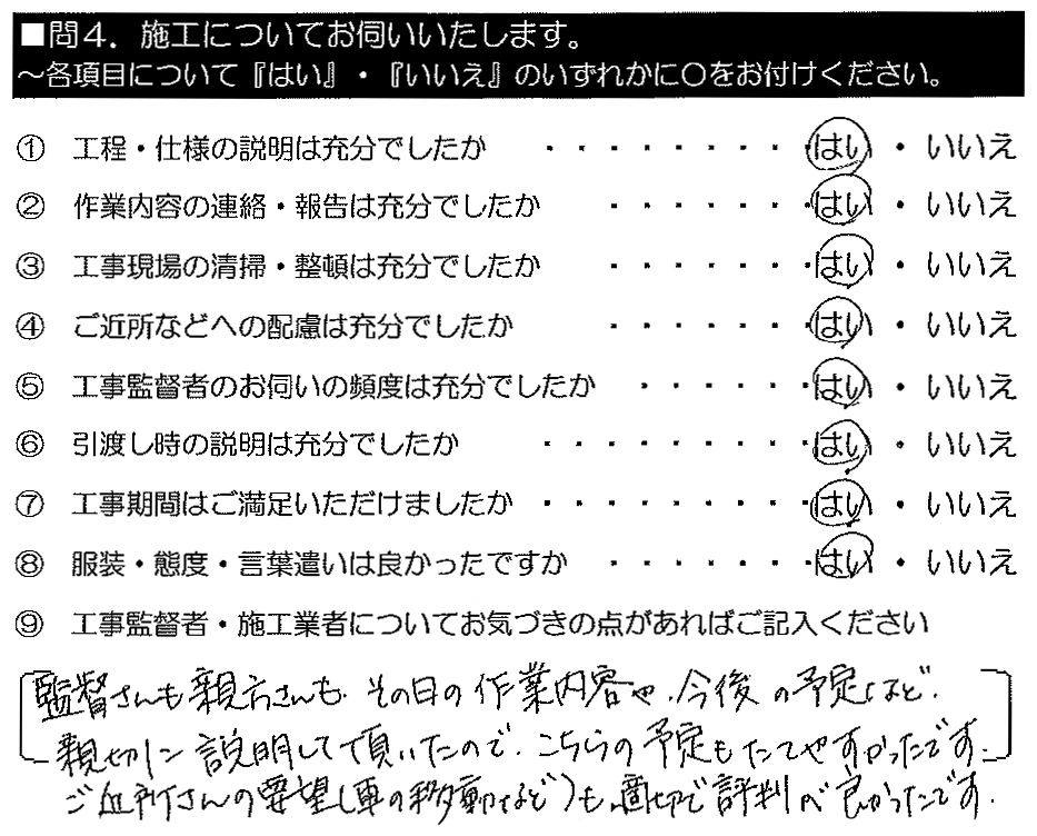 監督さんも親方さんも、その日の作業内容や今後の予定など親切に説明して頂いたので、こちらの予定もたてやすかったです。